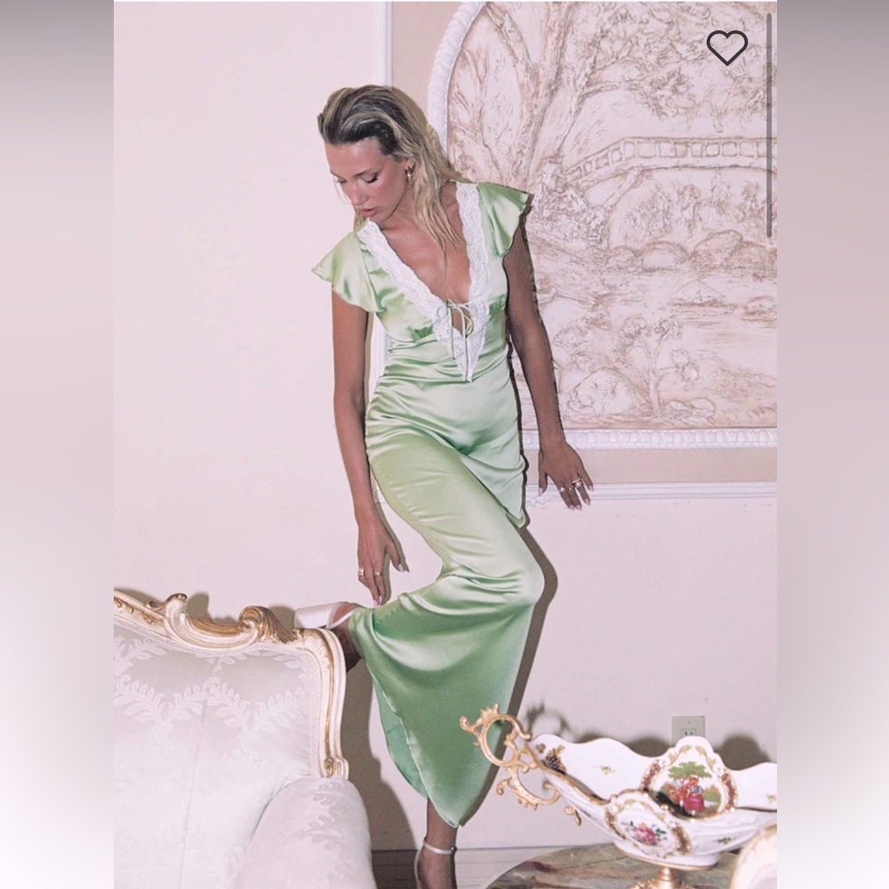 Green Satin maxi dress with lace